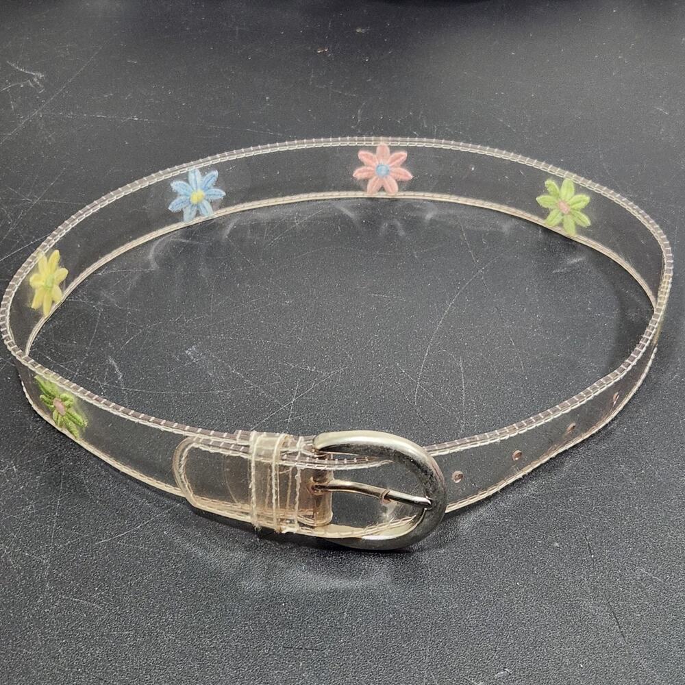 Vtg Y2K Jelly Belt Clear Plastic Flower Embroidered Womens Kidcore Whimsical 31"